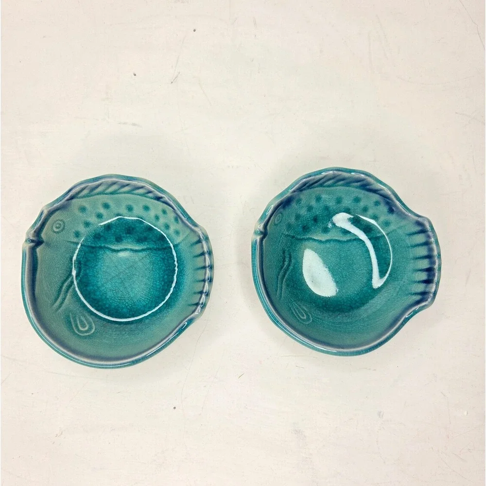 Japanese Turquoise Fish Shaped Pottery Trinket Dish Tea Bag Holders Dip Bowl Set